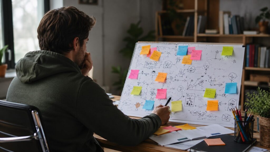 Creative workspace with brainstorming board