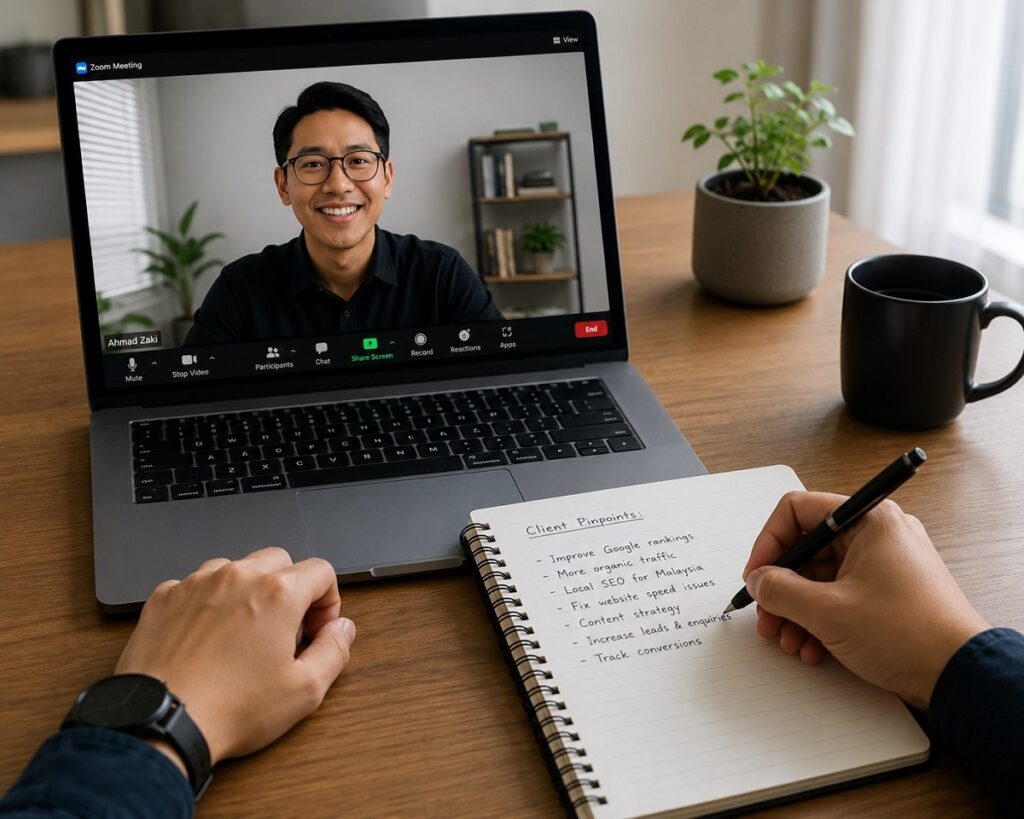 remote work meeting setup with notes